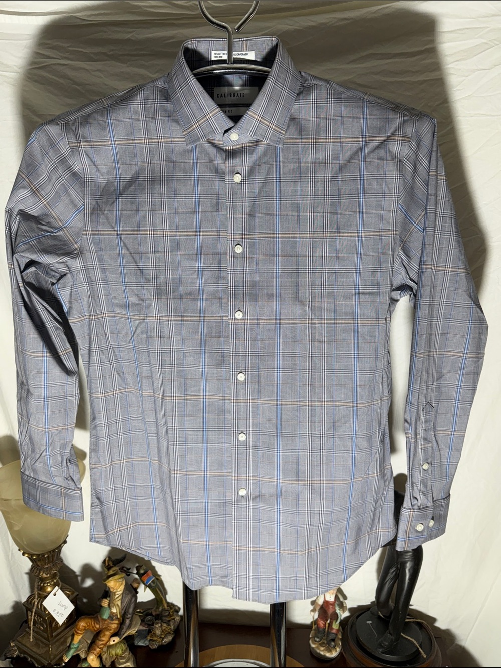C2 by Calibrate Blue and Gray Plaid Dress Shirt